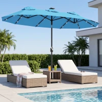 Outsunny Double-sided Patio Umbrella, 9.7' Outdoor Umbrella with Tilt and Crank, LED Solar Light and 12 Ribs, Light Blue(m-8)