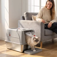 PawHut Stainless Steel Cat Litter Box with Lid, XL High Sided Enclosed Metal Litter Box w/ Scoop, Step, Pedal, Grey(m-12)