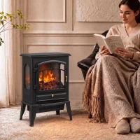 HOMCOM Electric Fireplace Stove, 725W/1450W Infrared 3-Sided Freestanding Fireplace Heater with 3D Flame Log, Thermostat, Black(m-1)