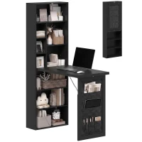 HOMCOM Fold-out Computer Desk with Storage Shelves, Bag, Wall Mount Home Office Desk, Writing Study Table with Bookshelf, Black(m-13)
