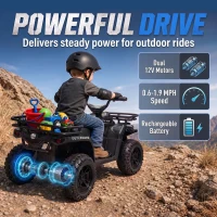 Qaba 12V Ride on ATV, 4 Wheeler for Kids with Dual Motors, Soft Start, Battery Display, Music, Lights for 3-8 Years, Black(m-4)