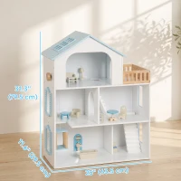 Qaba Wooden Doll House with Elevator, 5 Rooms and 13 Furniture Accessories, Pretend Play Toy Gift for Kids Ages 3-6, Blue(m-3)