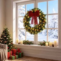 HOMCOM 36" Prelit Crestwood Spruce Artificial Christmas Wreath, Christmas Decor with Bow, 8 Modes, Red Berries, Pinecones(m-9)