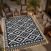Outsunny Outdoor Rug Carpet Reversible Plastic Straw Rug with LED Lights Black and White 10' x 8' for Patio(m-9)