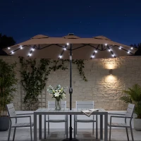 Outsunny Double-sided Patio Umbrella, 9.7 ft. Outdoor Umbrella with 45-Degree Tilt and Crank, LED Solar Light and 12 Ribs, Coffee(m-10)