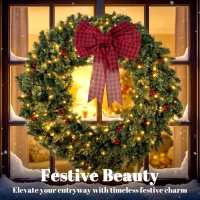 HOMCOM 48" Prelit Crestwood Spruce Artificial Christmas Wreath, Christmas Decor with Bow, 8 Modes, Red Berries, Pinecones(m-4)