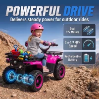 Qaba 12V Ride on ATV, 4 Wheeler for Kids with Dual Motors, Soft Start, Battery Display, Music, Lights for 3-8 Years, Pink(m-4)