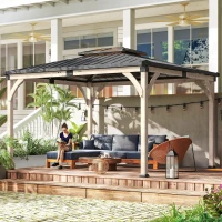 Outsunny 12' x 14' Hardtop Gazebo Canopy with Galvanized Steel Roof, Wood Frame, Double Roof Outdoor Gazebo, Light Walnut(m-11)