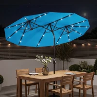 Outsunny Double-sided Patio Umbrella, 9.7' Outdoor Umbrella with Tilt and Crank, LED Solar Light and 12 Ribs, Light Blue(m-2)