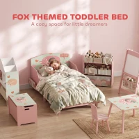Qaba Toddler Bed with Bedside Storage and Guard Rails, Montessori Bed for Ages 3-8, Fits 132x70x10cm Mattress, Pink Fox Print(m-7)