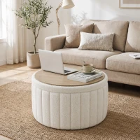 HOMCOM Round Coffee Table with Hidden Storage, Sherpa Fleece Center Table with Dual Reversible Lid for Living Room Cream White(m-8)