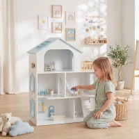 Qaba Wooden Doll House with Elevator, 5 Rooms and 13 Furniture Accessories, Pretend Play Toy Gift for Kids Ages 3-6, Blue(m-8)