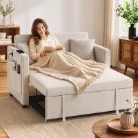HOMCOM 52" Sofa Bed, Holland Velvet Loveseat Pull Out Sleeper Sofa with USB Ports, Adjustable Backrest, Side Pockets, Beige(m-1)