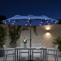 Outsunny Double-sided Patio Umbrella, 9.7' Outdoor Umbrella with Tilt and Crank, LED Solar Light and 12 Ribs, Navy Blue(m-10)