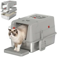 PawHut Stainless Steel Cat Litter Box with Lid, XL High Sided Enclosed Metal Litter Box w/ Scoop, Step, Pedal, Grey(m-13)