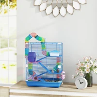 PawHut 5 Tiers Hamster Cage Portable with Exercise Wheels Play Tube Water Bottle Dishes House Ladder for Gerbils, Dark Blue(m-8)