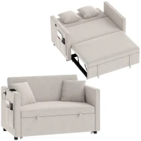 HOMCOM 52" Sofa Bed, Holland Velvet Loveseat Pull Out Sleeper Sofa with USB Ports, Adjustable Backrest, Side Pockets, Beige(m-13)