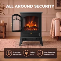 HOMCOM Electric Fireplace Stove, 725W/1450W Infrared 3-Sided Freestanding Fireplace Heater with 3D Flame Log, Thermostat, Black(m-7)