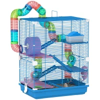 PawHut 5 Tiers Hamster Cage Portable with Exercise Wheels Play Tube Water Bottle Dishes House Ladder for Gerbils, Dark Blue(m-9)