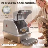 PawHut Stainless Steel Cat Litter Box with Lid, XL High Sided Enclosed Metal Litter Box w/ Scoop, Step, Pedal, Grey(m-6)