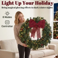 HOMCOM 36" Prelit Crestwood Spruce Artificial Christmas Wreath, Christmas Decor with Bow, 8 Modes, Red Berries, Pinecones(m-5)