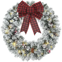 HOMCOM Flocked Winter Wreath, 24 Inch Pre-Lit Christmas Wreath for Front Door with LED Lights, Pine Cones and Berries, Green(m-13)