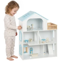 Qaba Wooden Doll House with Elevator, 5 Rooms and 13 Furniture Accessories, Pretend Play Toy Gift for Kids Ages 3-6, Blue(m-13)