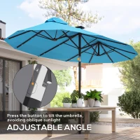 Outsunny Double-sided Patio Umbrella, 9.7' Outdoor Umbrella with Tilt and Crank, LED Solar Light and 12 Ribs, Light Blue(m-4)