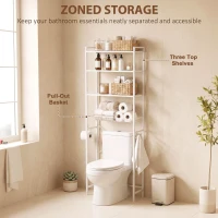 HOMCOM Over-the-Toilet Storage Shelf, 3-Tier Over-Toilet Bathroom Organizer with Adjustable Shelves and Pull-Out Basket, White(m-4)