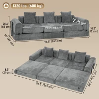 HOMCOM 96.5" Folding Sofa Bed, Convertible Boneless 3 Seater Modular Sectional Couch with Wide and Deep Seat, Grey(m-3)