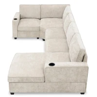 Plush Chenille U-Shaped Sectional Sofa with Cup Holders, Large Deep Seat Couch for Apartment, 117.5'' L x 68'' W x 31'' H, Beige(m-14)