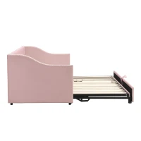 Practical Twin Upholstered Daybed with Pop-Up Trundle, Perfect Sofa Bed for Guest Rooms and Kids Rooms, 82" L x 81.5" W x 33" H, Pink(m-9)