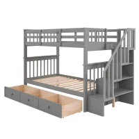 Practical Twin-Over-Twin Bunk Bed with Staircase Storage, Ideal Convertible Bunk Bed for Dorms, Children Bedrooms, 94" L x 42.5" W x 62" H, Gray(m-13)