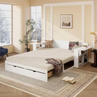 Modern Daybed with Removable Desk and Bottom Drawer, Multi-Functional Sofa Bed for Compact Apartments, 82" L x 71.5" W x 25.5" H, White(m-1)