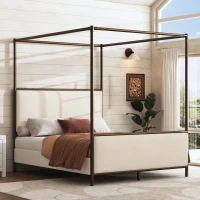 Modern 4-Poster Canopy Bed Frame with Upholstered Headboard, Steel Metal Sleeper Bed for Bedroom, 83.5'' L x 63'' W x 78.5'' H, Beige+Bronze(m-6)