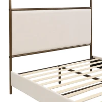 Modern 4-Poster Canopy Bed Frame with Upholstered Headboard, Steel Metal Sleeper Bed for Bedroom, 83.5'' L x 63'' W x 78.5'' H, Beige+Bronze(m-7)