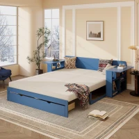 Modern Daybed with Removable Desk and Bottom Drawer, Multi-Functional Sofa Bed for Compact Apartments, 82" L x 71.5" W x 25.5" H, Blue(m-1)