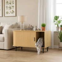 PawHut Cat Litter Box Enclosure with Sliding Door, Litter Mat, Modern Cat House, TV Stand, Side End Table for Living Room(m-10)