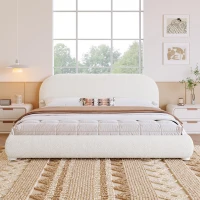 Modern Upholstered Queen Bed Frame with Curved Headboard, Soft Bouclé Platform Bed for Bedroom, 87'' L x 68.5'' W x 33.5'' H, Creamy White(m-6)