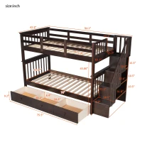 Practical Twin-Over-Twin Bunk Bed with Staircase Storage, Ideal Convertible Bunk Bed for Dorms, Children Bedrooms, 94" L x 42.5" W x 62" H, Espresso(m-3)