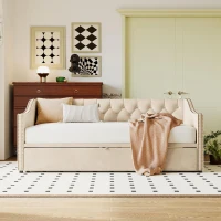 Practical Twin Upholstered Daybed with Pop-Up Trundle, Perfect Sofa Bed for Guest Rooms and Kids Rooms, 82" L x 81.5" W x 33" H, Beige(m-5)