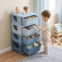 Qaba 4 Tier Kids Toy Organizer and Storage Bins with 4 Plastic Drawers, Blue(m-1)