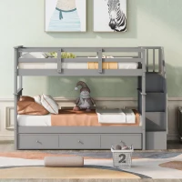 Practical Twin-Over-Twin Bunk Bed with Staircase Storage, Ideal Convertible Bunk Bed for Dorms, Children Bedrooms, 94" L x 42.5" W x 62" H, Gray(m-4)