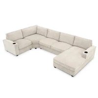 Plush Chenille U-Shaped Sectional Sofa with Cup Holders, Large Deep Seat Couch for Apartment, 117.5'' L x 68'' W x 31'' H, Beige(m-13)