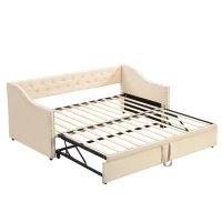 Practical Twin Upholstered Daybed with Pop-Up Trundle, Perfect Sofa Bed for Guest Rooms and Kids Rooms, 82" L x 81.5" W x 33" H, Beige(m-10)