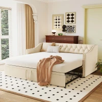 Practical Twin Upholstered Daybed with Pop-Up Trundle, Perfect Sofa Bed for Guest Rooms and Kids Rooms, 82" L x 81.5" W x 33" H, Beige(m-4)