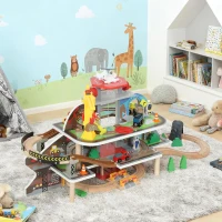 Qaba 79Pcs Wooden Train Set Mine Themed with Crane, Helicopter, Track & Accessories, for Boys & Girls 3+ Years Old(m-8)