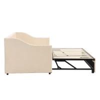 Practical Twin Upholstered Daybed with Pop-Up Trundle, Perfect Sofa Bed for Guest Rooms and Kids Rooms, 82" L x 81.5" W x 33" H, Beige(m-9)