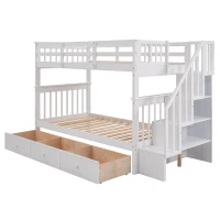 Practical Twin-Over-Twin Bunk Bed with Staircase Storage, Ideal Convertible Bunk Bed for Dorms, Children Bedrooms, 94" L x 42.5" W x 62" H, White(m-12)