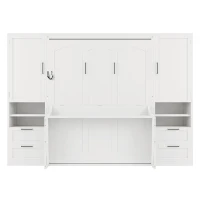 Functional Queen Murphy Bed with Side-Flip Space-Saving Design, Modern Wall Bed for Compact Bedrooms, 113.5" L x 16.5" W x 87" H, White(m-12)